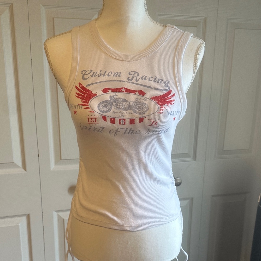 No Boundaries White Ribbed Tank Top with Red and Gray Graphic